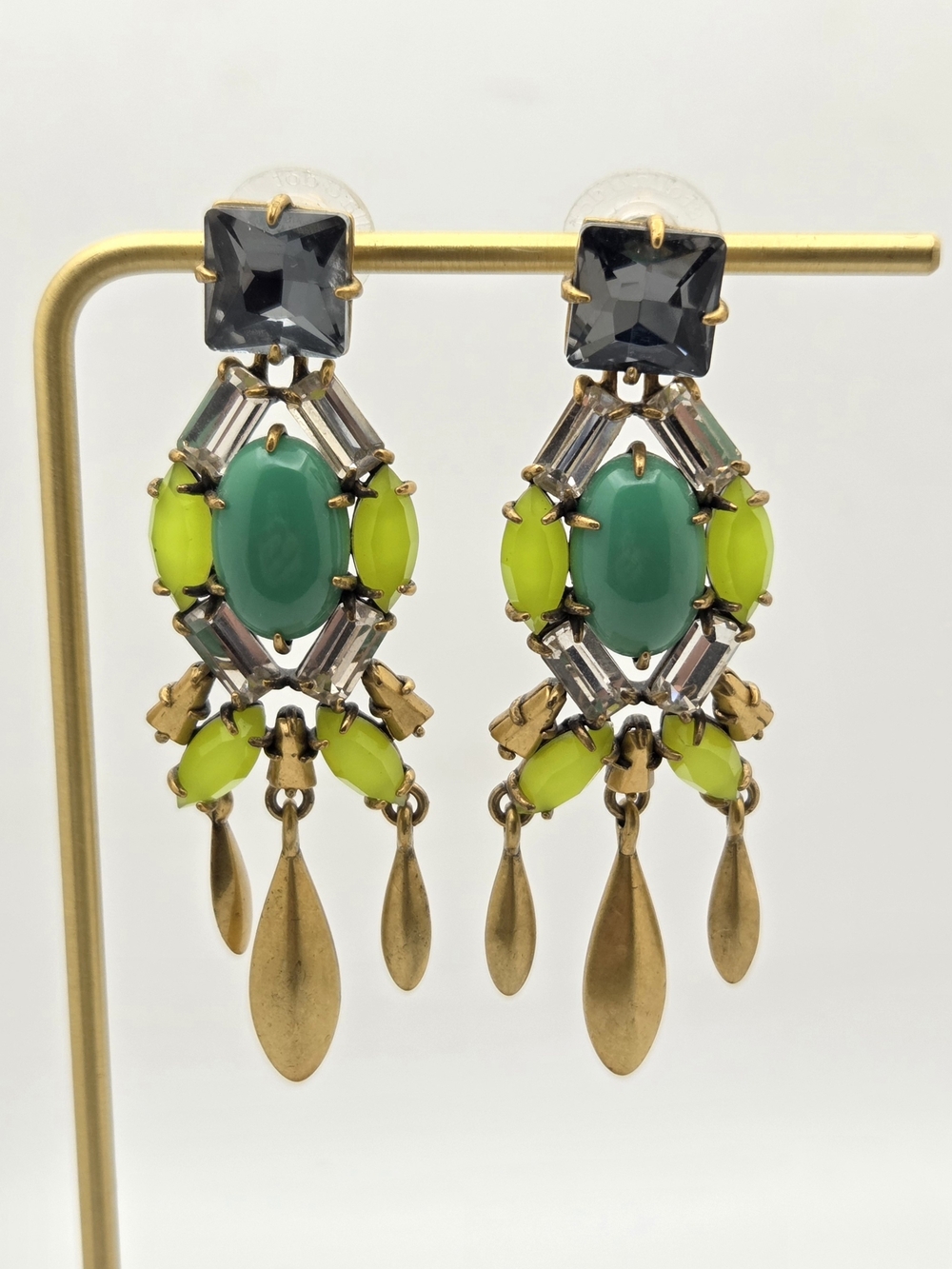 Stella & Dot Chandelier Earrings - Neon Green, Teal & Gray Mixed Stones